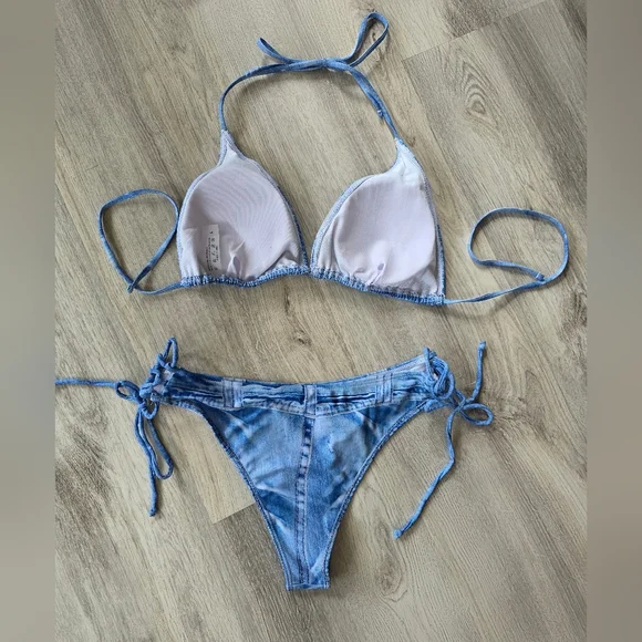 Denim Jean Look Triangle String, Lace up sides Bikini Large - Picture 7 of 10